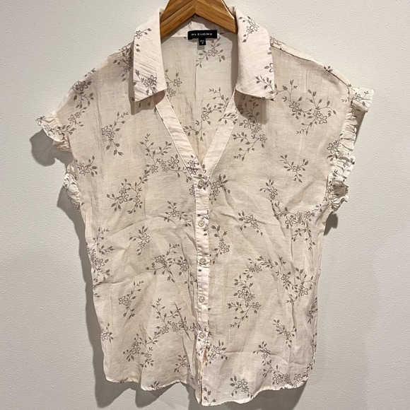 Pleione Women Small Blouse Button Gauze Lightweigh Ruffled Sleeve Floral Cottage - Picture 2 of 7